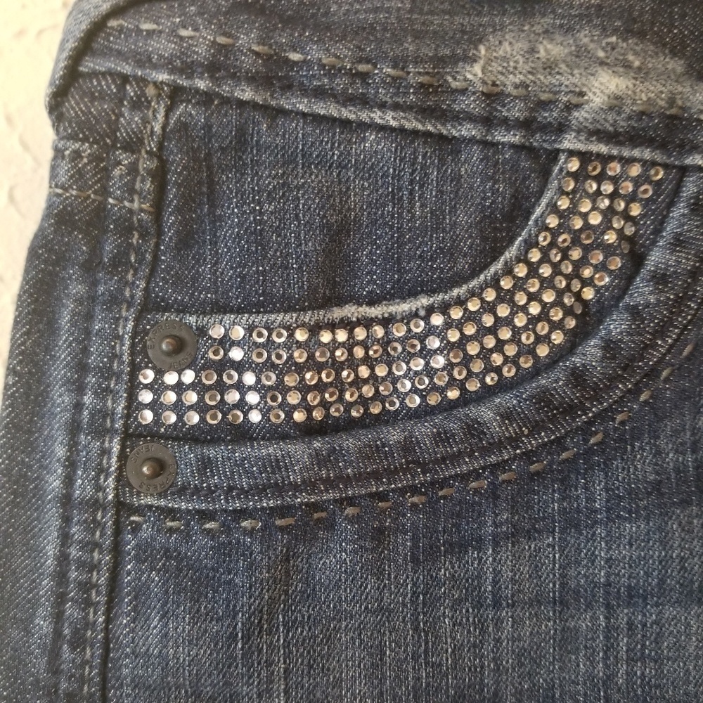 Express Dark Wash Rhinestone Bling Denim Micro Mini Skirt Raw Hem Y2K - Picture 4 of 9